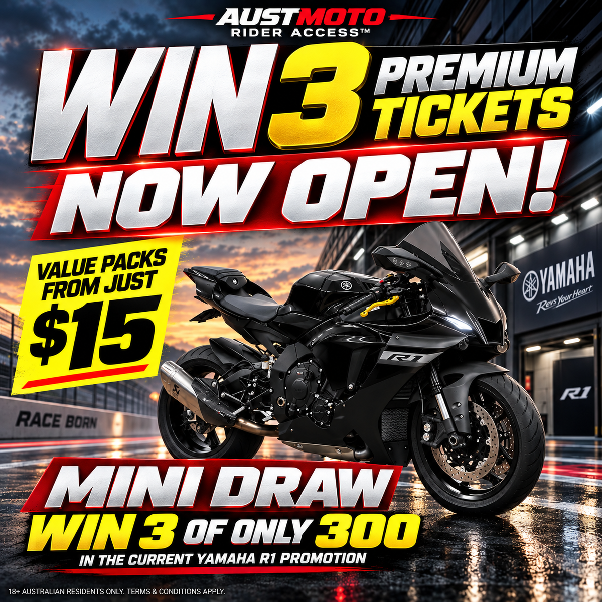 AUSTMOTO - WIN 3 PREMIUM TICKETS! (for current YAMAHA R1 GIVEAWAY)
