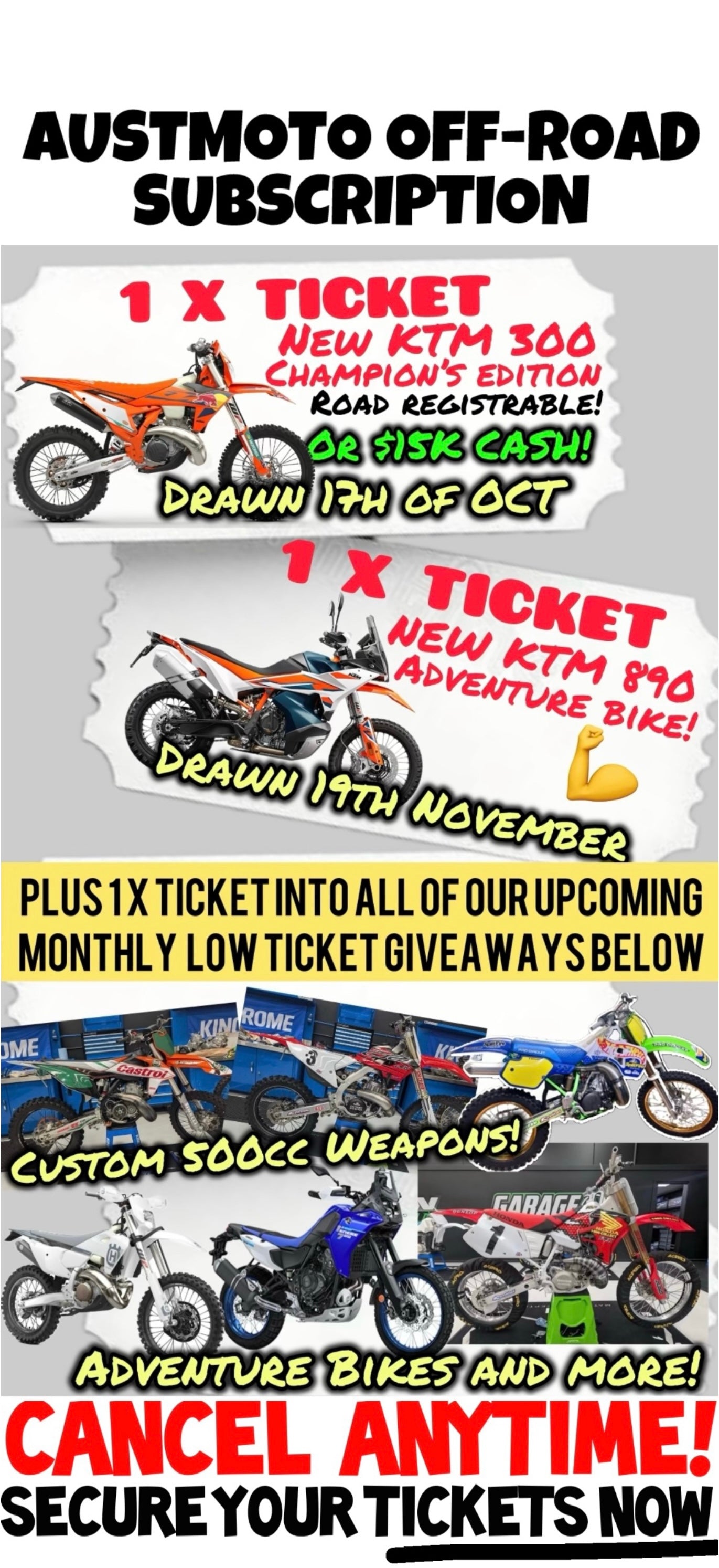 GET 1 X TICKET EACH MONTH - AUSTMOTO LOW CAP TICKET GIVEAWAY SUBSCRIPTION (NO INDIVIDUAL ENTRIES, SUBSCRIPTION ONLY)
