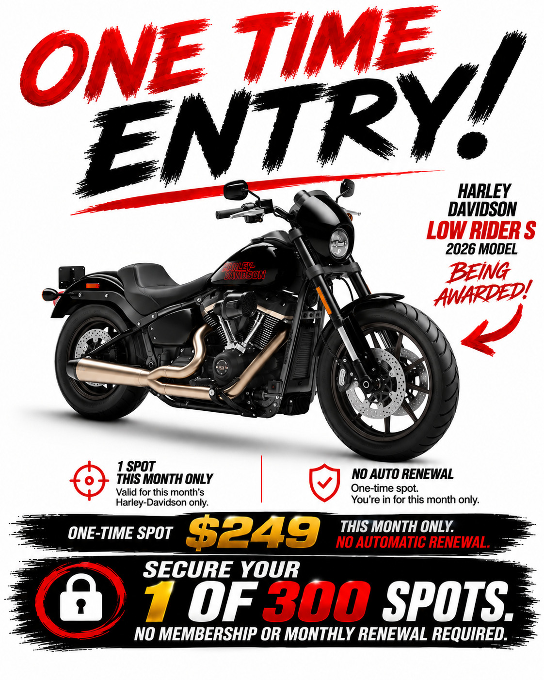 AUSTMOTO | INDIVIDUAL ENTRY 300 CLUB - 2026 HARLEY DAVIDSON LOW RIDER S . 1 in 300 chance.