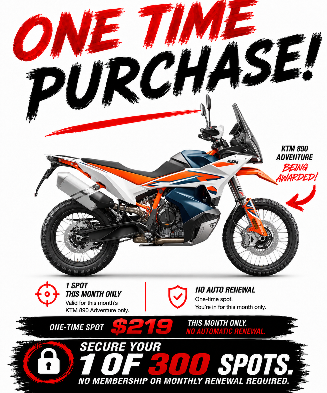 AUSTMOTO | INDIVIDUAL PURCHASE 300 CLUB - NEW KTM 890 ADV BIKE. 1 in 300 chance.