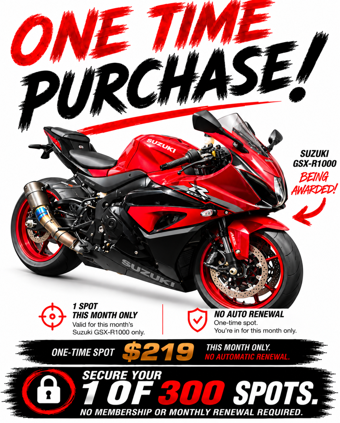 AUSTMOTO | INDIVIDUAL PURCHASE RIDER ACCESS - GSX-R1000. 1 in 300 chance.