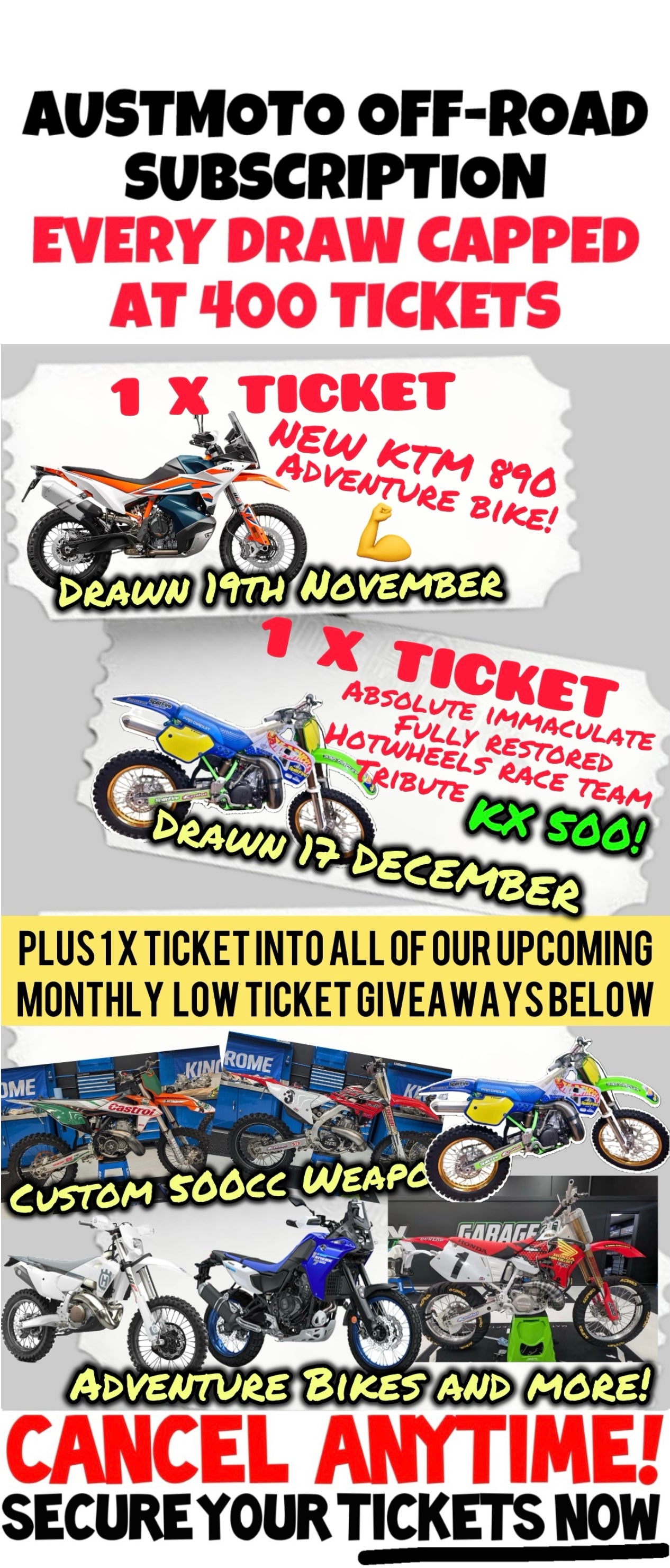 GET 1 X TICKET EACH MONTH - AUSTMOTO 400 TICKET CAP OFF-ROAD GIVEAWAY SUBSCRIPTION