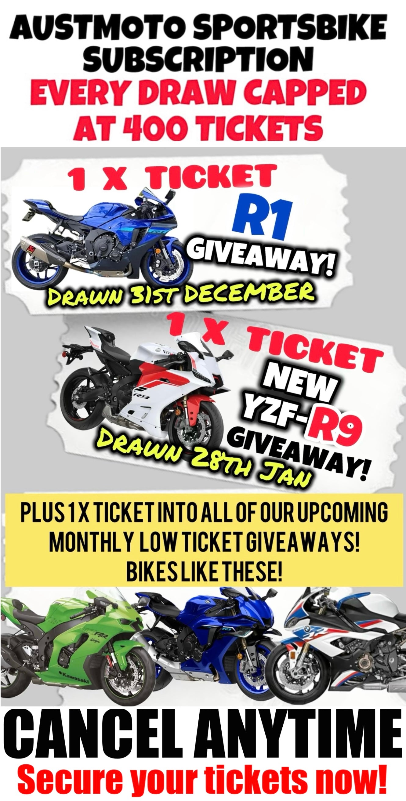 GET 1 X TICKET EACH MONTH - AUSTMOTO 400 TICKET CAP SPORT BIKE GIVEAWAY SUBSCRIPTION