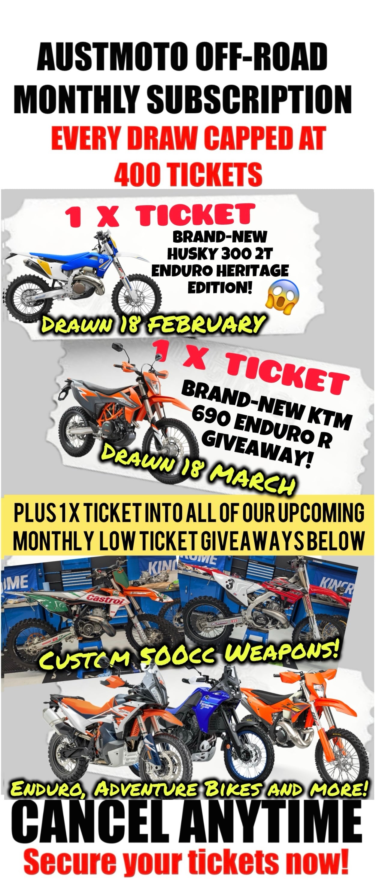 GET 1 X TICKET EACH MONTH - AUSTMOTO 400 TICKET CAP OFF-ROAD GIVEAWAY SUBSCRIPTION