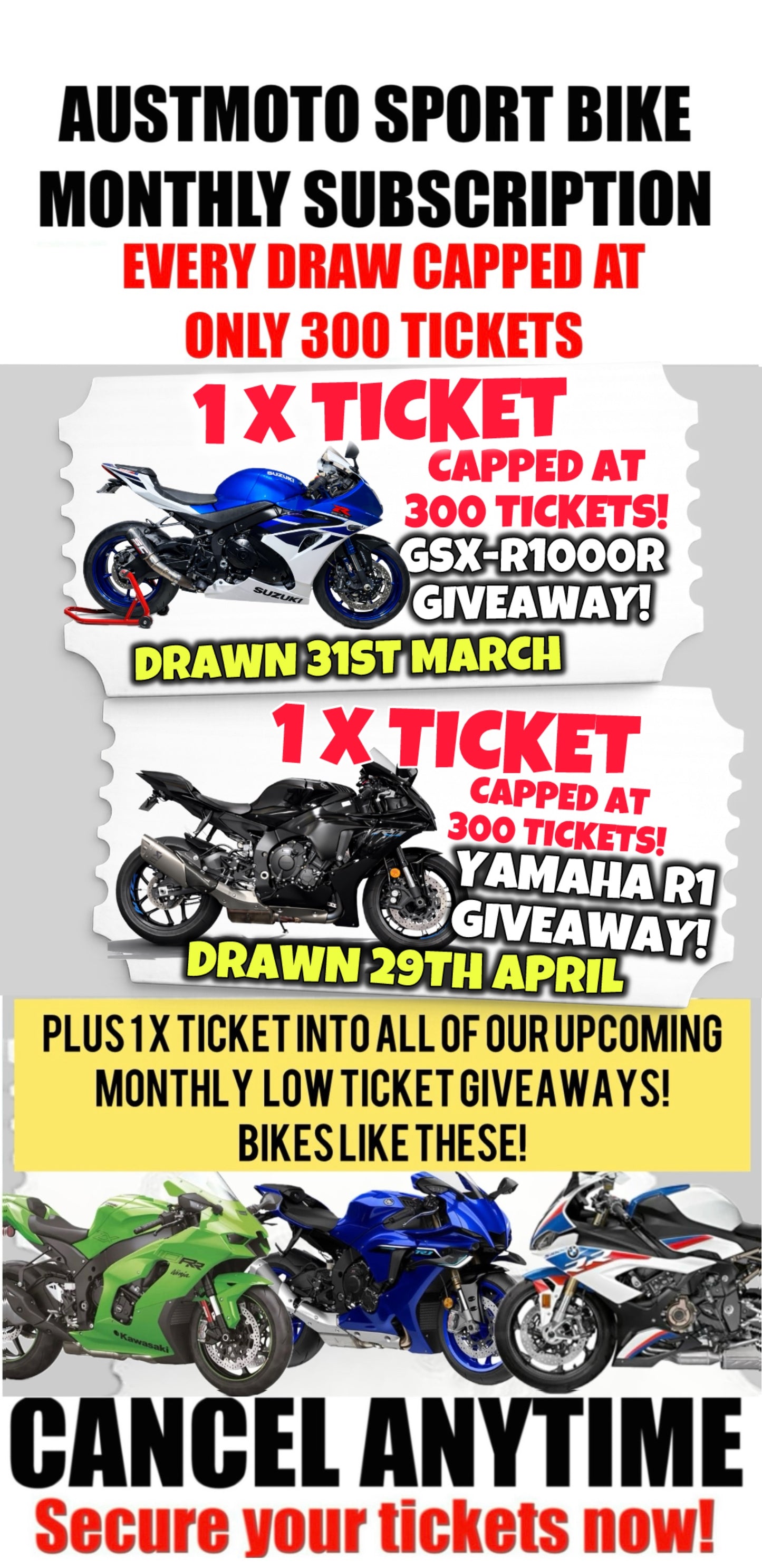 GET 1 X TICKET EACH MONTH - AUSTMOTO 300 TICKET CAP SPORT BIKE GIVEAWAY SUBSCRIPTION