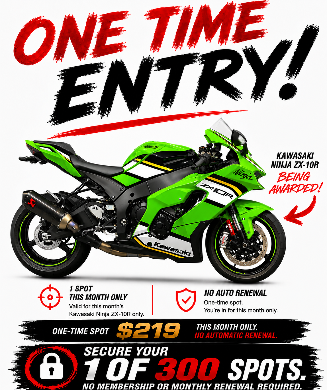AUSTMOTO | INDIVIDUAL ENTRY 300 CLUB - KAWASAKI NINJA ZX-10R. 1 in 300 chance.