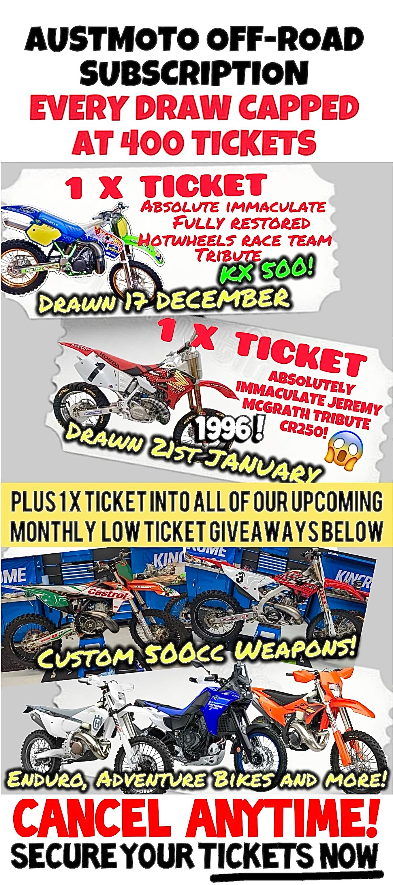 GET 1 X TICKET EACH MONTH - AUSTMOTO 400 TICKET CAP OFF-ROAD GIVEAWAY SUBSCRIPTION