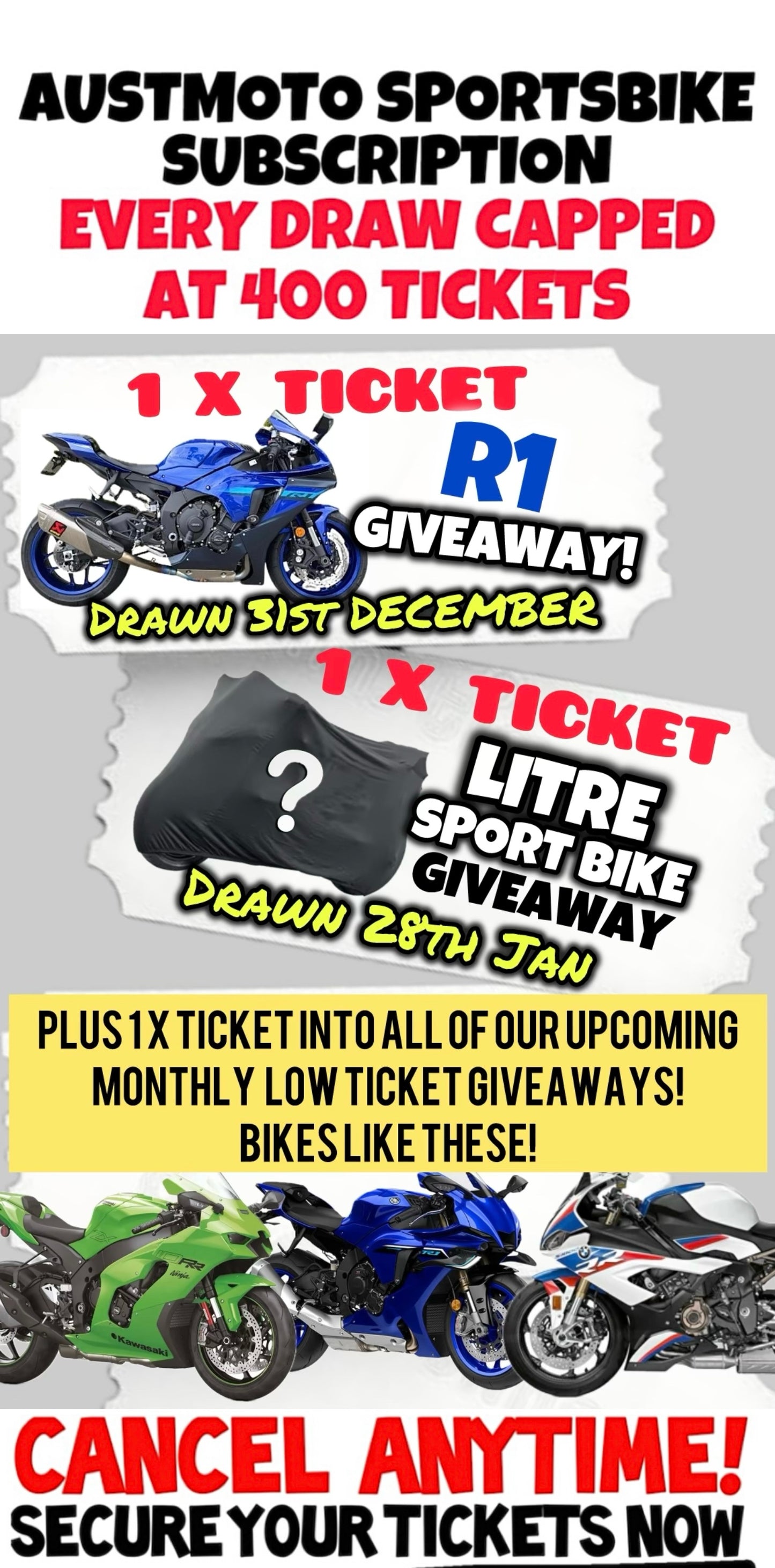 GET 1 X TICKET EACH MONTH - AUSTMOTO 400 TICKET CAP SPORT BIKE GIVEAWAY SUBSCRIPTION