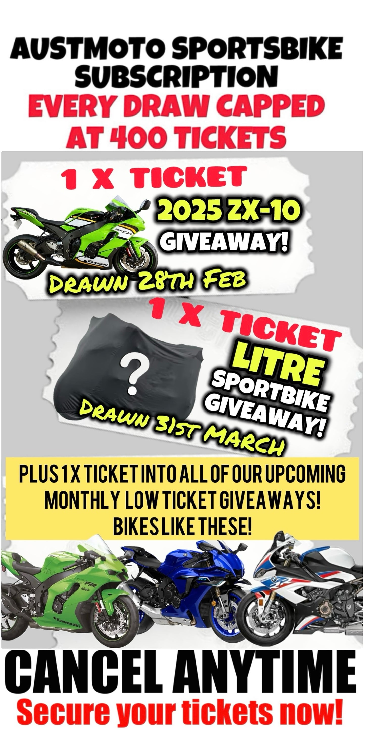 GET 1 X TICKET EACH MONTH - AUSTMOTO 400 TICKET CAP SPORT BIKE GIVEAWAY SUBSCRIPTION