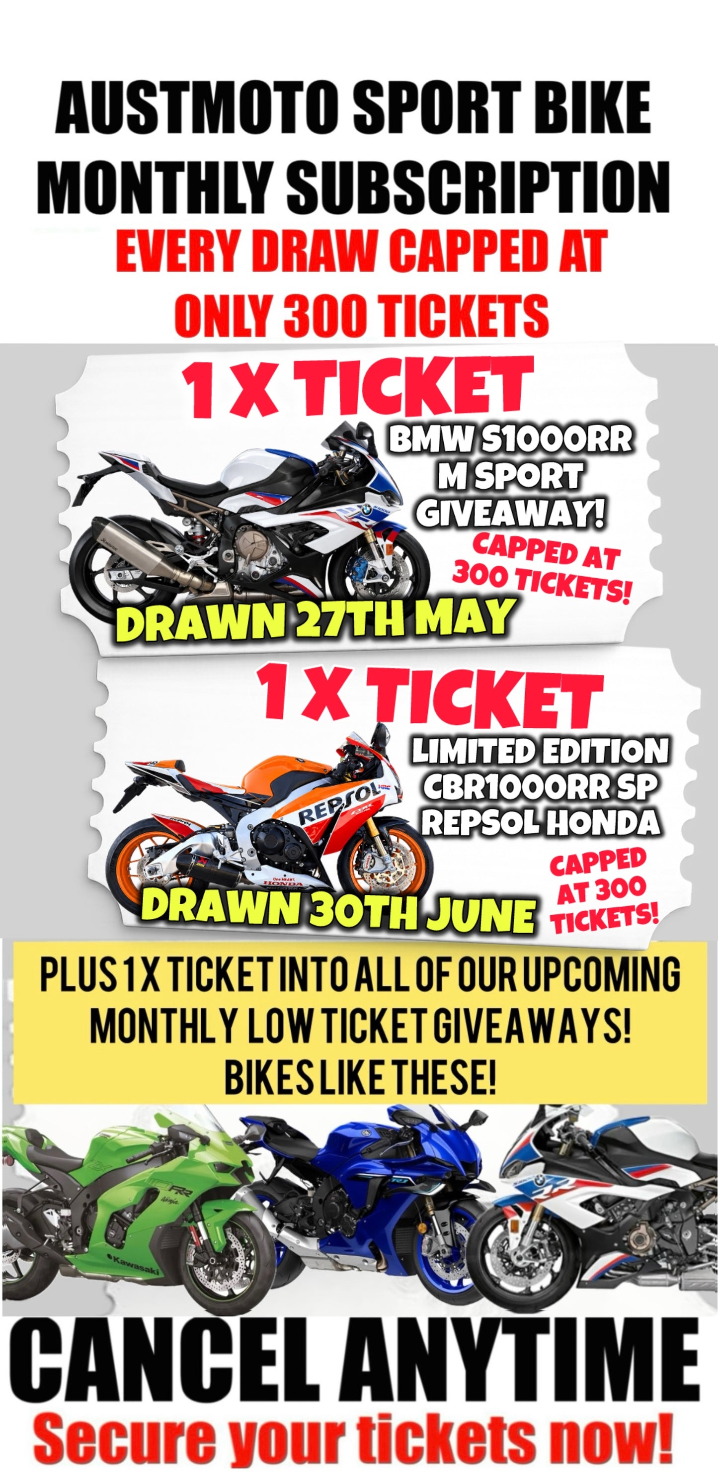 GET 1 X TICKET EACH MONTH - AUSTMOTO 300 TICKET CAP SPORT BIKE GIVEAWAY SUBSCRIPTION